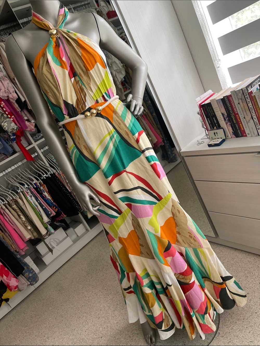 Luxxel Multicolor Halter Maxi Dress - Cream, Orange, Teal, Pink